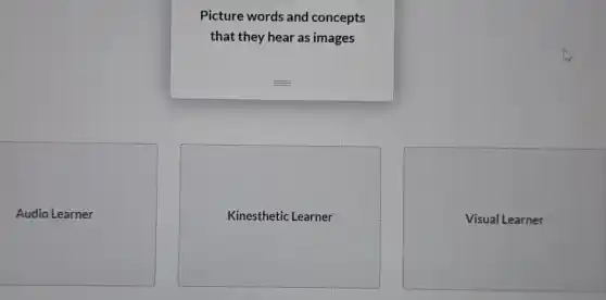 Picture words and concepts
that they hear as images
Audio Learner
Kinesthetic Learner
Visual Learner