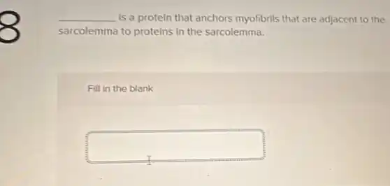 __ is a protein that anchors myofibrils that are adjacent to the
sarcolemma to proteins in the sarcolemma.
Fill in the blank
square
