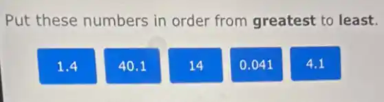 Put these numbers in order from greatest to least.
1.4
40.1
14
0.041
4.1