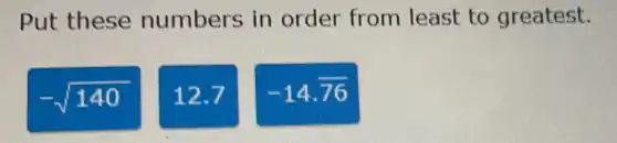Put these numbers in order from least to greatest.
-sqrt (140)
12.7
-14.overline (76)