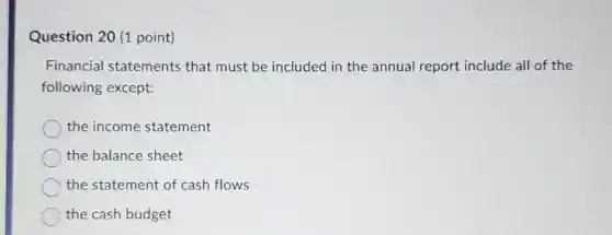 Question 20 (1 point)
Financial statements that must be included in the annual report include all of the
following except:
the income statement
the balance sheet
the statement of cash flows
the cash budget