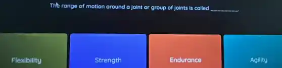 The range of motion around a joint or group of joints is called __
Flexibility
Strength
Endurance
Agility