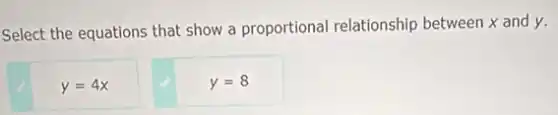 Select the equations that show a proportional relationship between x and y.
y=4x
y=8