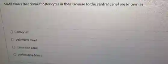Small canals that connect osteocytes in their lacunae to the central canal are known as __
Canaliculi
volkmans canal
haversian canal
perforating fibers