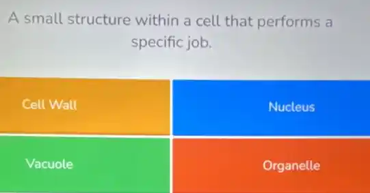 A small structure within a cell that performs a
specific job.
Cell Wall
Nucleus
Vacuole
Organelle