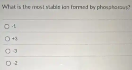 What is the most stable ion formed by phosphorous?
-1
+3
-3
-2