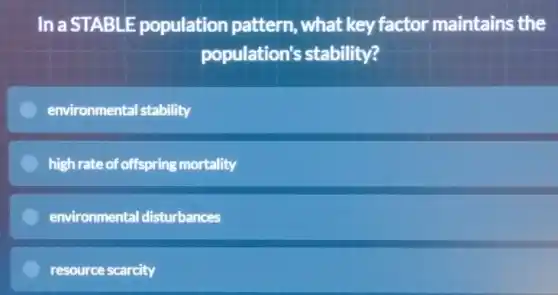 In a STABLE population pattern, what key factor maintains the
population's stability?
environmental stability
high rate of offspring mortality
environmental disturbances
resource scarcity