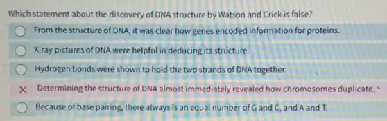 Which statement about the discovery of DNA structure by Watson and Crick is false?
From the structure of DNA, it was clear how genes encoded information for proteins.
X-ray pictures of DNA were helpful in deducing its structure.
Hydrogen bonds were shown to hold the two strands of DNA together.
x Determining the structure of DNA almost immediately revealed how chromosomes duplicate.
Because of base pairing there always is an equal number of G and C, and A and T.