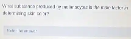 What substance produced by melanocytes is the main factor in
determining skin color?
Enter the answer