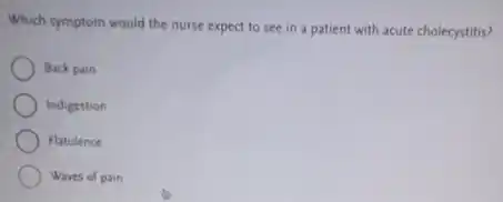 Which symptom would the nurse expect to see in a patient with acute cholecystitis?
Back pain
Indigestion
Flatulence
Waves of pain