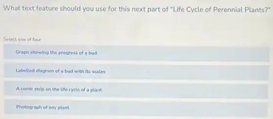 What text feature should you use for this next part of "Life Cycle of Perennial Plants?"
Select one of four
Graph showing the progress of a bud
Labelled diagram of a bud with its scales
A comic strip on the life cycle of a plant
Photograph of any plant