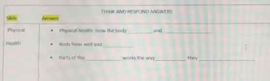 THINK AND RESPOND ANSWERS
Slide
Answer
Physical health- How the body	and
Body feels well and __
Parts of the __ works the way __ they __