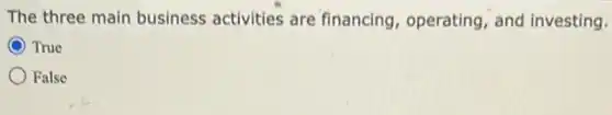 The three main business activities are financing operating, and investing.
True
False