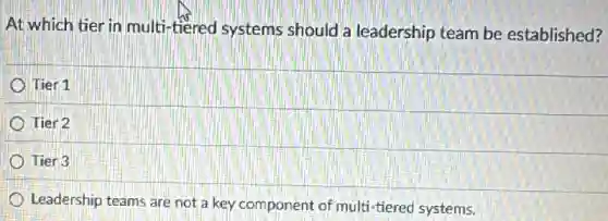 At which tier in multi-tiered systems should a leadership team be established?
Tier 1
Tier 2
Tier 3
Leadership teams are not a key component of multi-tiered systems.