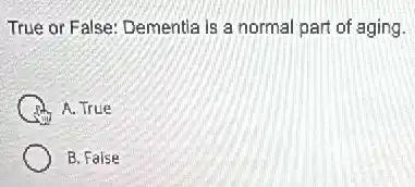 True or False: Dementia is a normal part of aging.
A. True
B. False