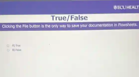 True/False
Clicking the File button is the only way to save your documentation in Flowsheets.
A) True
B) False