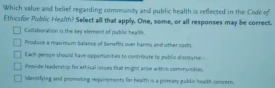 Which value and belief.regarding community and public health is reflected in the Code of
Ethicsfor Public Health? Select all that apply. One some,or all responses may be correct.
square Collaboration is the key element of public health.
Produce a maximum balance of benefits over harms and other costs.
Each person should have opportunities to contribute to public discourse.
Provide leadership for ethical issues that might arise within communities.
Identifying and promoting requirements for health is a primary public health concern.