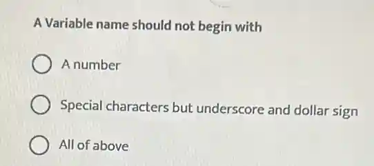 A Variable name should not begin with
A number
Special characters but underscore and dollar sign
All of above
