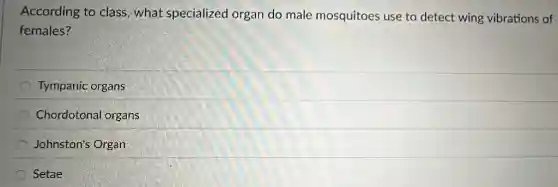 According to class what specialized organ do male mosquitoes use to detect wing vibrations of
females?
Tympanic organs
Chordotonal organs
Johnston's Organ
Setae
