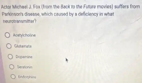 Actor Michael J. Fox (from the Back to the Future movies) suffers from
Parkinson's disease, which caused by a deficiency in what
neurotransmitter?
Acetylcholine
Glutamate
Dopamine
Seratonin
Endorphins