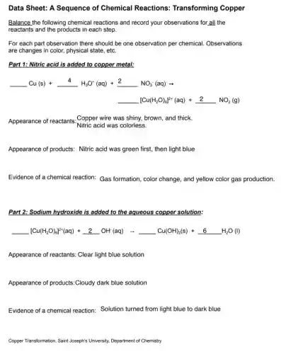 Data Sheet: A Sequence of Chemical Reactions:Transforming Copper
Balance the following chemical reactions and record your observations for all the
reactants and the products in each step.
For each part observation there should be one observation per chemical Observations
are changes in color,physical state, etc.
Part 1: Nitric acid is added to copper metal:
underline ( )Cu(s)+underline (4)H_(3)O^+(aq)+underline (2) NO_(3)^-(aq)arrow 
underline ( )[Cu(H_(2)O)_(6)]^2+(aq)+underline (2) NO_(2)(g)
Appearance of reactants .Copper wire was shiny.brown, and thick.
Nitric acid was colorless.
Appearance of products:Nitric acid was green first, then light blue
Evidence of a chemical reaction: Gas formation, color change, and yellow color gas production.
Part 2: Sodium hydroxide is added to the aqueous copper solution:
underline ( )(Cu(H_(2)O)_(4)^2+(aq)+underline (2)OH^-(aq)arrow underline ( )Cu(OH)_(2)(s)+underline (6)H_(2)O(l)
Appearance of reactants: Clear light blue solution
Appearance of products:Cloudy dark blue solution
Evidence of a chemical reaction: Solution turned from light blue to dark blue
Copper Transformation, Saint Joseph's University, Department of Chemistry