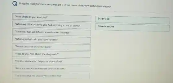 Drag the dialogue statement to place it in the correct interview technique category.
"How often do you exercise?"
"When was the last time you had anything to eat or drink?"
"Have you had an influenza vaccination this year?"
"What questions do you have for me?"
"Please describe the chest pain."
"How do you feel about the diagnosis?"
"Did the medication help your discomfort?"
"What causes you to become short of breath?"
"Tell me about the voices you are hearing"
Directive
disappointed
Nondirective