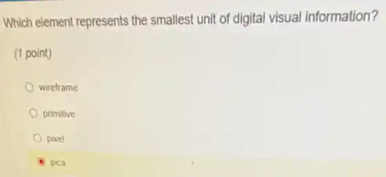 Which element represents the smallest unit of digital visual information?
(1 point)
wireframe
primitive
pixel
C pica