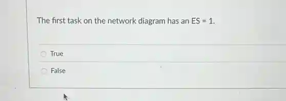 The first task on the network diagram has an ES=1
True
False
