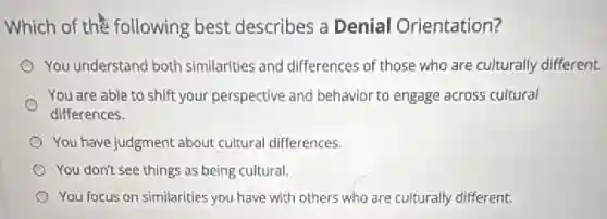 Which of the following best describes a Denial Orientation?
You understand both similarities and differences of those who are culturally different.
You are able to shift your perspective and behavior to engage across cultural
differences.
You have judgment about cultural differences.
You don't see things as being cultural.
You focus on similarities you have with others who are culturally different.