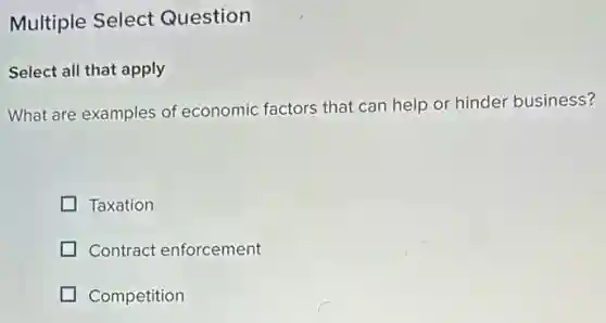 Multiple Select Question
Select all that apply
What are examples of economic factors that can help or hinder business?
Taxation
Contract enforcement
Competition