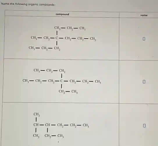 Name the following organic compounds:
compound name
square CH_(2)-CH_(2)-CH_(3) downarrow CH_(3)-CH_(2)-C-CH_(2)-CH_(2)-CH_(3) CH_(3)-CH_(2)-CH_(2) square
CH_(3)-CH_(2)-CH_(2) CH_(3)-CH_(2)-CH_(2)-C-CH_(2)-CH_(2)-CH_(3) downarrow CH_(2)-CH_(3) square square
CH_(3) downarrow CH_(3)-CH_(2)-CH_(2)-CH_(3) CH_(3)-CH_(3)
square square