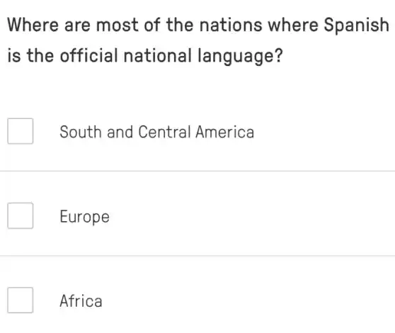 Where are most of the nations where Spanish
is the official national language?
South and Central America
Europe
Africa