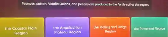 Peanuts, cotton Vidalia Onions, and pecans are produced in the fertile soil of this region.
the Coastal Plain
Region
the Appalachian
Plateau Region
the Valley and Ridge
Region
the Piedmont Region