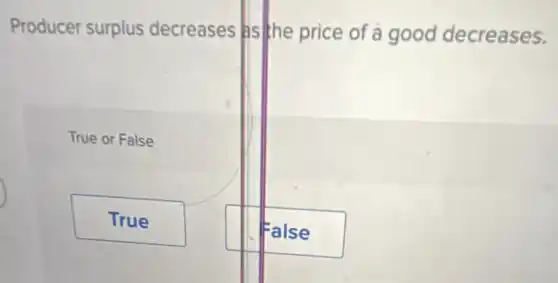 Producer surplus decreases as the price of a good decreases.
True or False
True
False