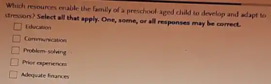 Which resources enable the family of a preschool-aged child to develop and adapt to
stressors? Select all that apply. One, some, or all responses may be correct.
Education
Communication
Problem-solving
Prior experiences
Adequate finances