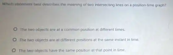 Which statement best describes the meaning of two intersecting lines on a position-time graph?
The two objects are at a common position at different times.
The two objects are at different positions at the same instant in time.
The two objects have the same position at that point in time.