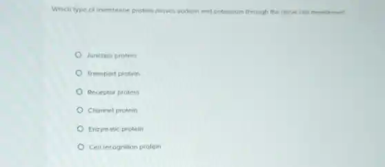 Which type of membrane protein moves sodium and potassium through the nerve cell membrane?
Junction protein
Transport protein
Receptor protein
Channel protein
Enzymatic protein
Cell recognition protein