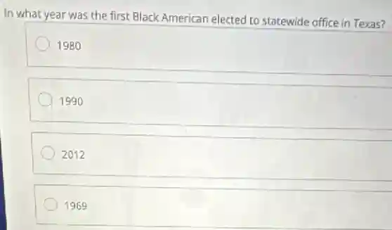 In what year was the first Black American elected to statewide office in Texas?
1980
1990
2012
1969