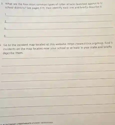 3. What are the four most common types of cyber attacks launched against K-12
school districts? See pages 3-11 then identify each one and briefly describe it.
__
1.
2.
3
__
. Go to the incident map located at this website: https:/www.h (12six.org/map. Find 3
incidents on the map located near your school or at least in your state and briefly
__
ours MART CYBERTHREATS STUDENT WORKBOOK