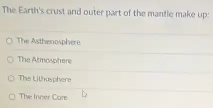 The Earth's crust and outer part of the mantle make up:
The Asthenosphere
The Atmosphere
The Lithosphere
The Inner Core