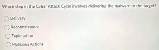 Which step in the Cyber Attack Cycle involves delivering the malware to the target?
Delivery
Reconnaissance
Exploitation
Malicious Actions
