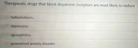 Therapeutic drugs that block dopamine receptors are most likely to reduce
hallucinations.
depression.
agoraphobia.
generalized anxiety disorder.