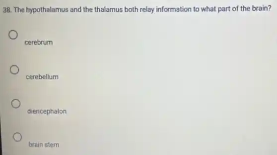 38. The hypothalamus and the thalamus both relay information to what part of the brain?
cerebrum
cerebellum
diencephalon
brain stem