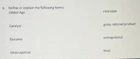 6. Define or explain the following terms:
Gilded Age
Catalyst
Dynamo
Unscrupulous
recession
gross national product
entrepreneur
trust