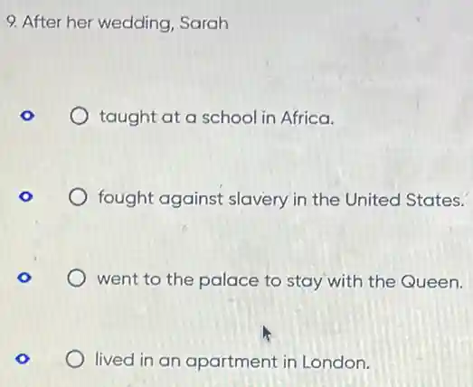9. After her wedding Sarah
taught at a school in Africa.
fought against slavery in the United States.
went to the palace to stay with the Queen.
lived in an apartment in London.