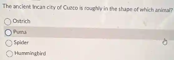 The ancient Incan city of Cuzco is roughly in the shape of which animal?
Ostrich
Puma
Spider
Hummingbird