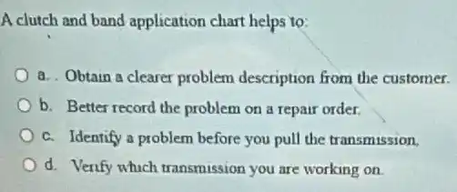 A clutch and band application chart helps to:
a. Obtain a clearer problem description from the customer.
b. Better record the problem on a repair order.
c. Identify a problem before you pull the transmission.
d. Verify which transmission you are working on