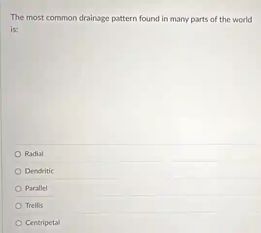 The most common drainage pattern found in many parts of the world
is:
Radial
Dendritic
Parallel
Trellis
Centripetal