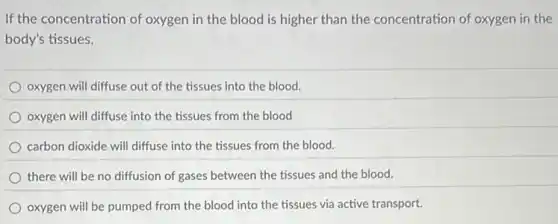 If the concentration of oxygen in the blood is higher than the concentration of oxygen in the
body's tissues,
oxygen will diffuse out of the tissues into the blood.
oxygen will diffuse into the tissues from the blood
carbon dioxide will diffuse into the tissues from the blood.
there will be no diffusion of gases between the tissues and the blood.
oxygen will be pumped from the blood into the tissues via active transport.