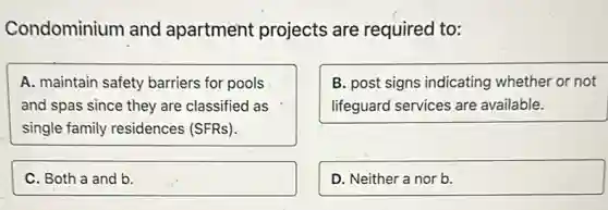 Condominium and apartment projects are required to:
A. maintain safety barriers for pools
and spas since they are classified as
single family residences (SFRs)
B. post signs indicating whether or not
lifeguard services are available.
C. Both a and b.
D. Neither a nor b.